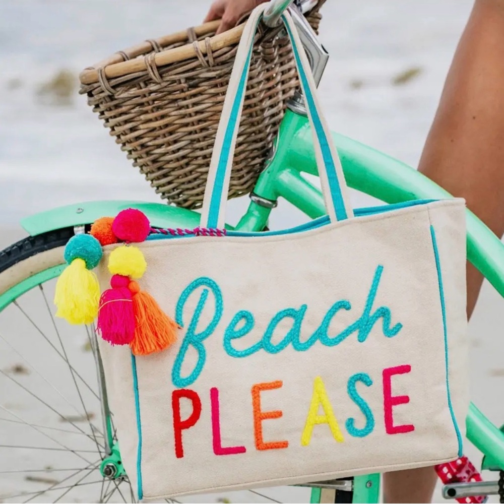 Katydid Canvas Beach Tote with Bright Tassels - Turquoise Accents